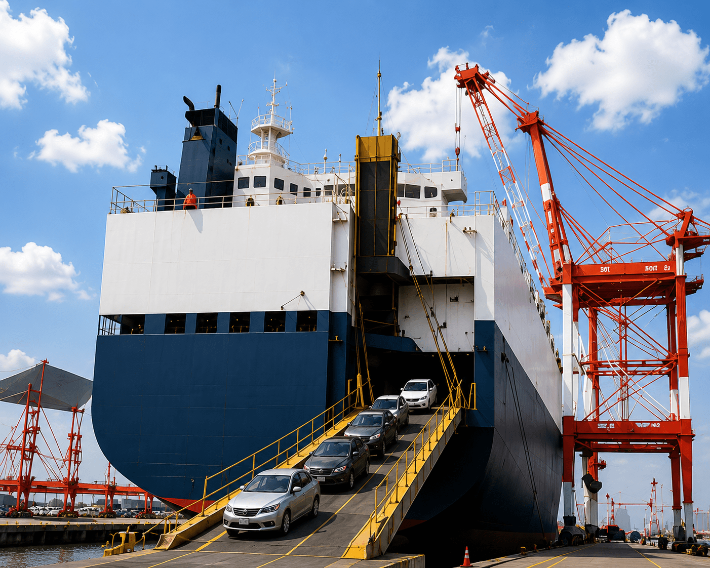 Port docks with vehicle transport ship