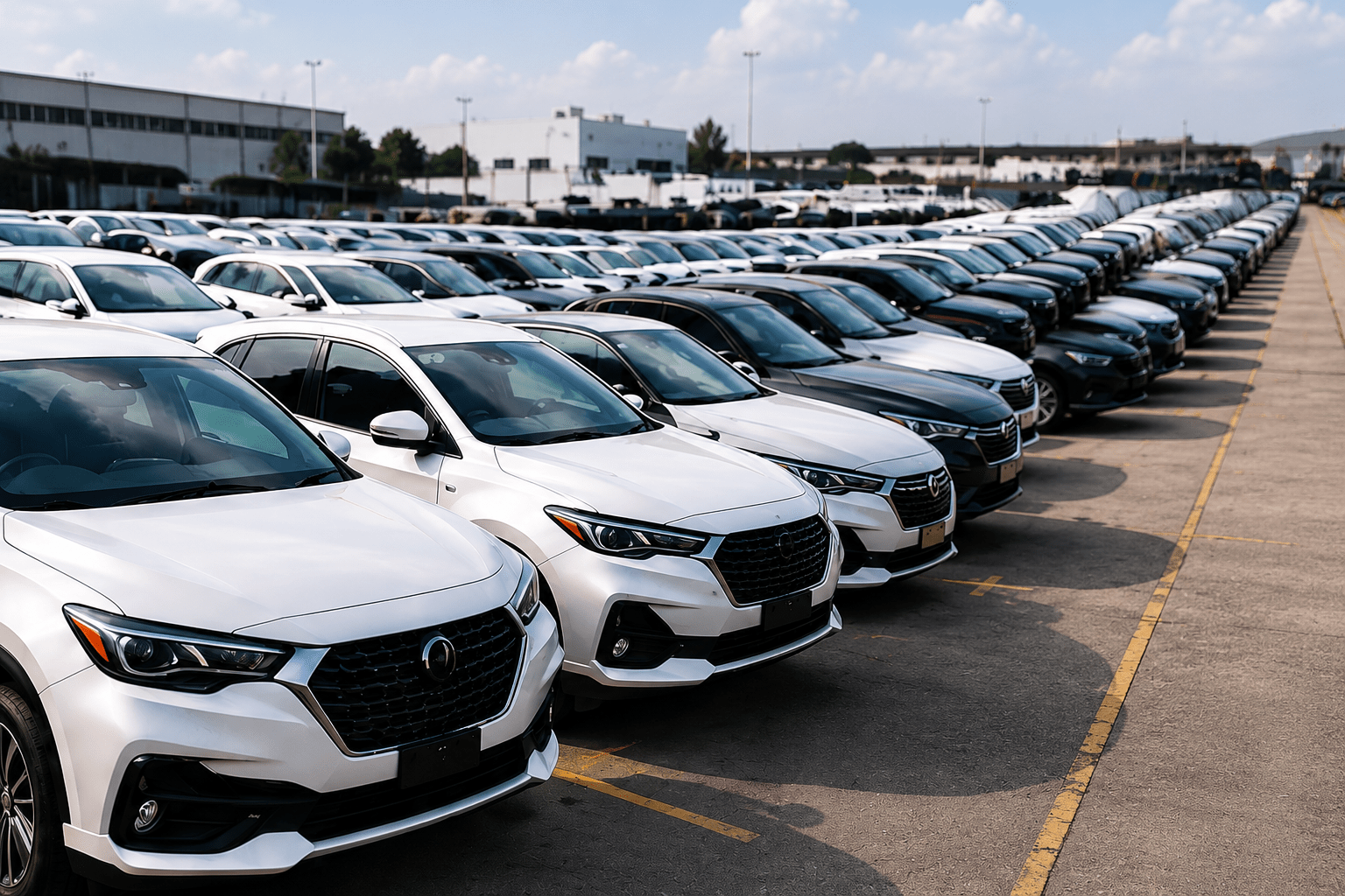 Car lot with rows of vehicles