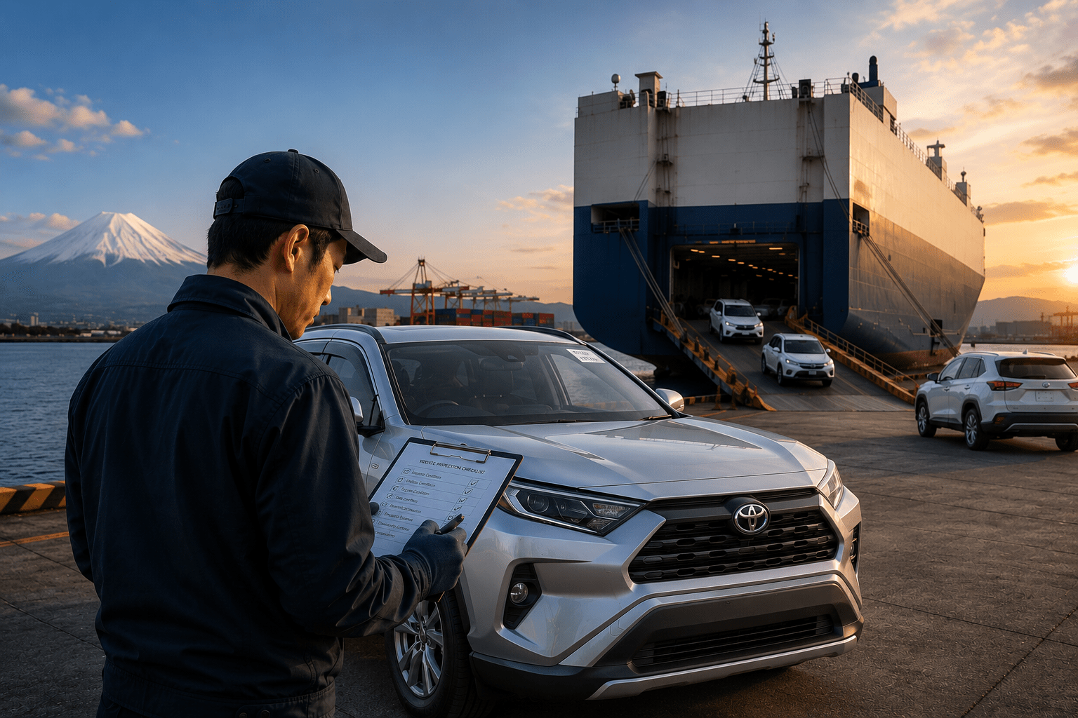 Vehicle inspection at sunset in harbor